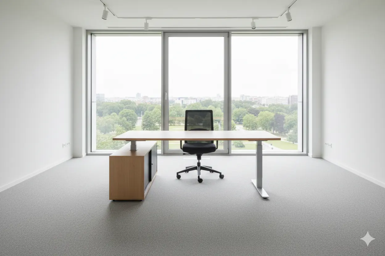 Heller Büroraum mit Schreibtisch und Beistellschrank